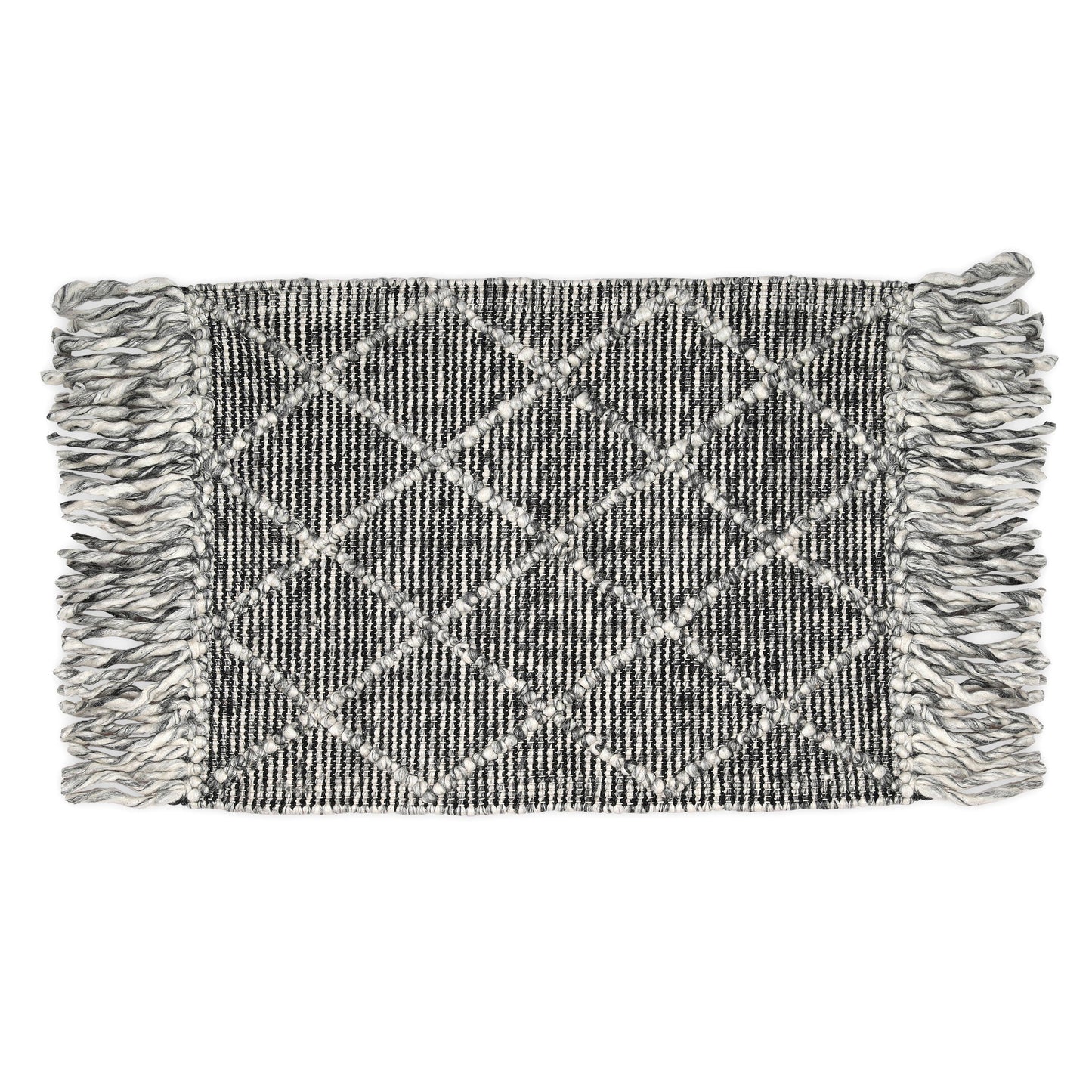 Hand Wool Area Rug Woven Black Gray Harlequin Frills