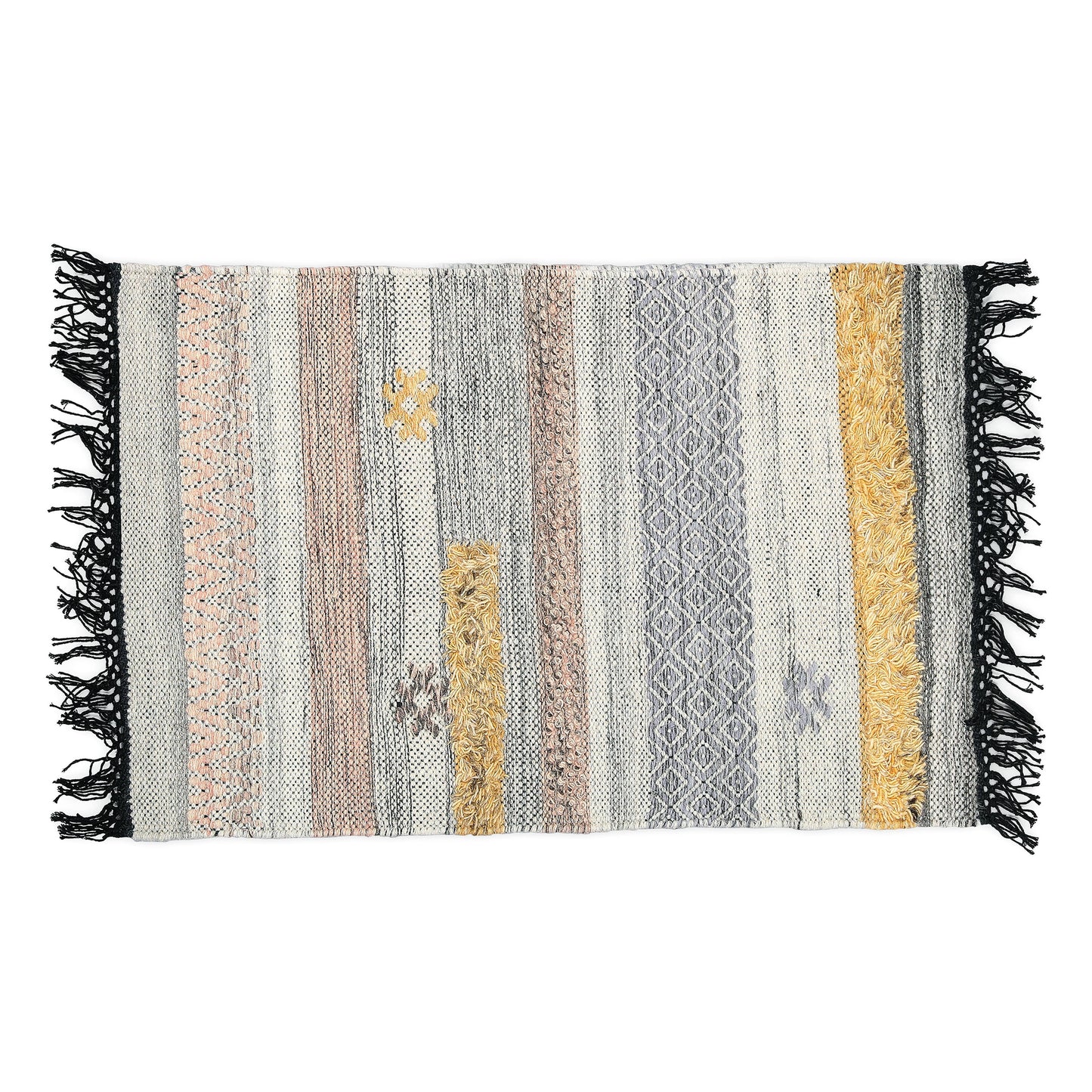 Hand Wool Area Rug Woven Stripes Gray Light Brown